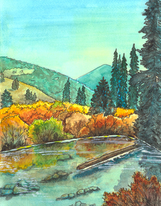 A teal and yellow watercolor of Franklin Basin, UT